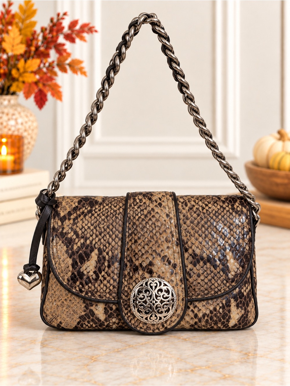 Brighton Brown Snake Embossed Leather Chain Strap Shoulder Bag